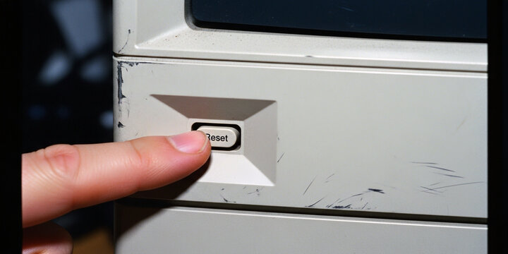 Finger pressing reset button on computer tower