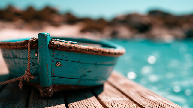 Small blue wooden boat moored to a weathered wooden pier on the water
