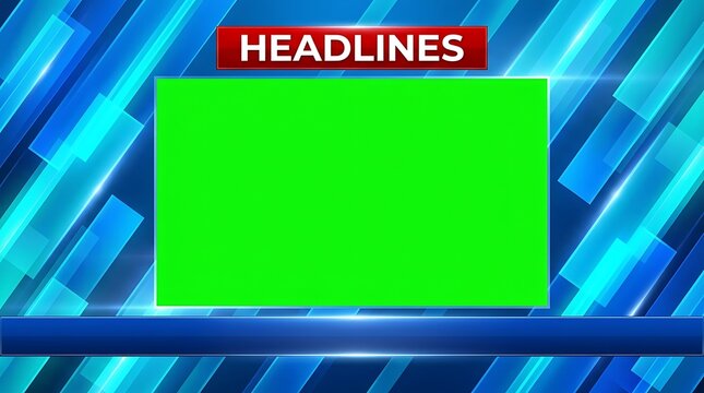 News broadcast graphic template with green screen. TV media lower third for breaking news.