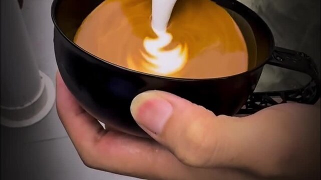 Barista pouring steamed milk into black cup to create intricate swan latte art pattern