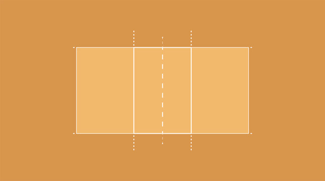 Top view of volleyball court , indoor arena with net, white markings on orange floor, overhead perspective showing game area for match, sports field and stadium backgrounds. Vector sports illustration