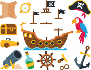Pirate Adventure Icons Set, Cartoon Ship Treasure Map Vector Collection for Nautical Fantasy and Kids Design Projects