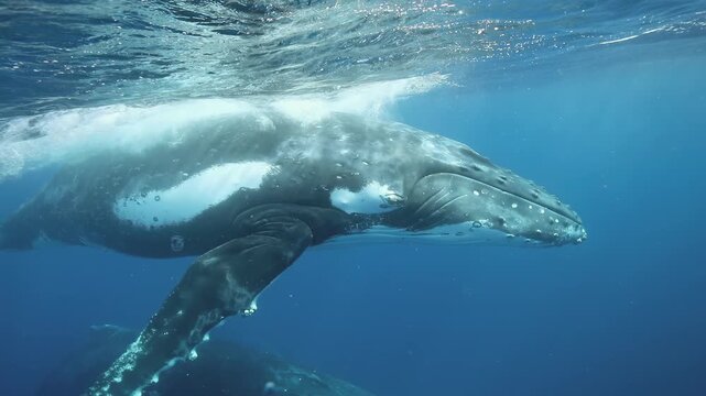 Witness beauty of humpback whales moving in slow motion as they swim peacefully through vibrant blue waters of Pacific Ocean, showcasing their elegance and strength in nature's vast playground.
