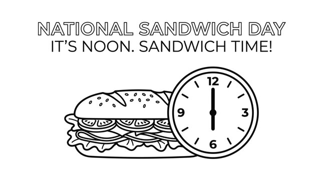 A black and white line art illustration of a sandwich and a clock showing noon.