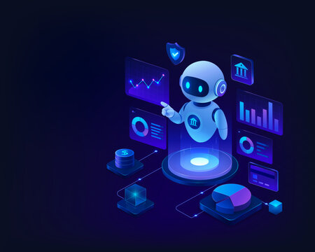 AI Banking Assistant with Holographic Financial Dashboard Futuristic Fintech Hero Illustration