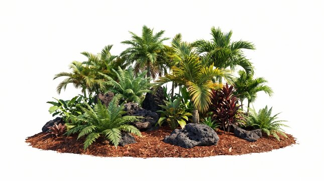 Isolated Tropical Garden Landscape with Palm Trees and Lava Rocks