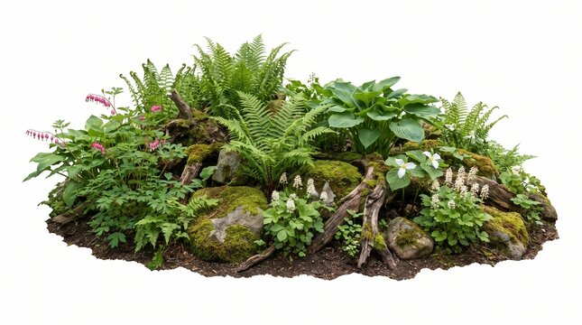 Lush Woodland Garden Arrangement with Ferns and Mossy Rocks