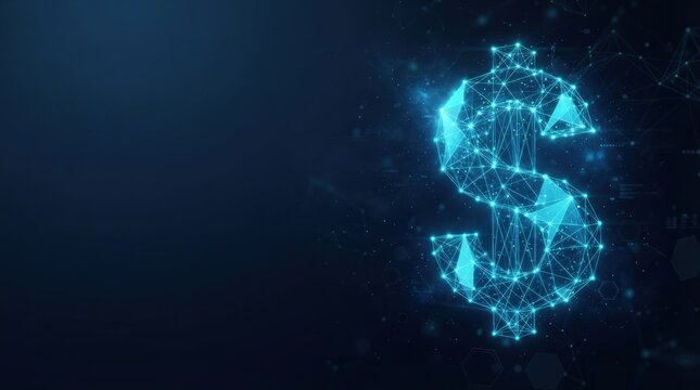 A glowing dollar symbol composed of interconnected nodes on a dark, tech-themed background. Studio lighting highlights high-contrast geometry. Ideal for finance, tech, and data visualization projects.