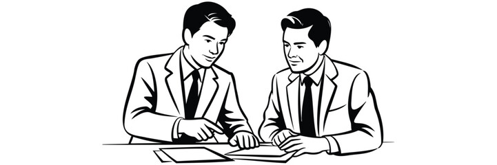 Fototapeta premium Two Businessmen Discussing Contract Document Papers Line Art Illustration