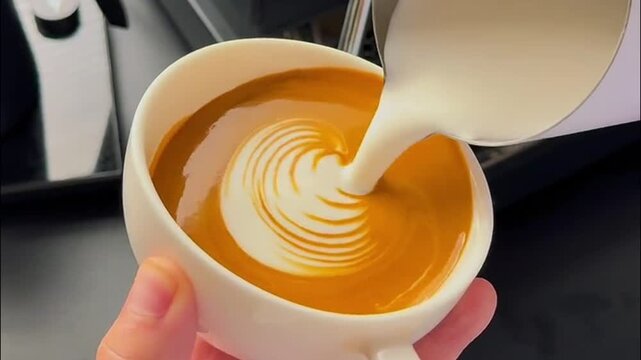 Barista pouring steamed milk from pink pitcher into white cup to create layered heart latte art