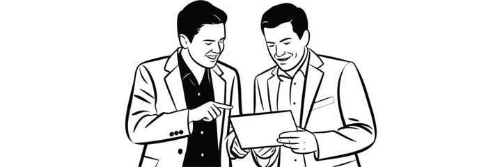 Fototapeta premium Businessmen Discussing Financial Project On Tablet Line Art Illustration