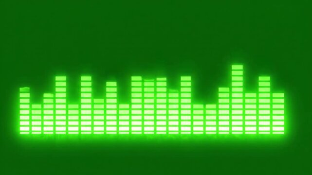 Neon green digital music equalizer bars bouncing rhythmically on a chroma key green screen background for video editing and audio visualization