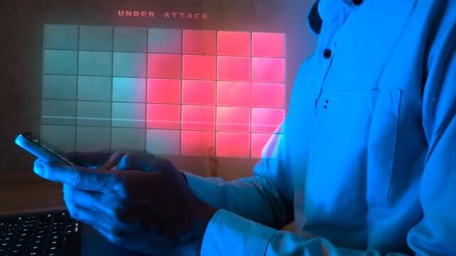 IT security specialist using a smartphone to monitor enterprise cybersecurity status, visualizing threat detection, access control, incident response, and real time security operations.