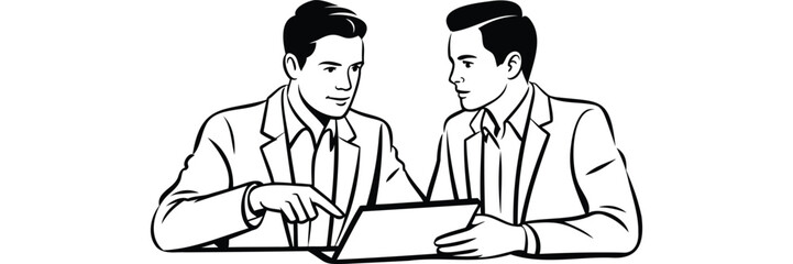 Fototapeta premium Two Businessmen Discussing Work On Laptop Line Art Illustration