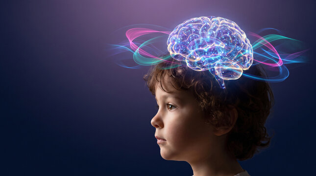 Child profile with glowing digital brain and colorful waves symbolizing intelligence and neural activity