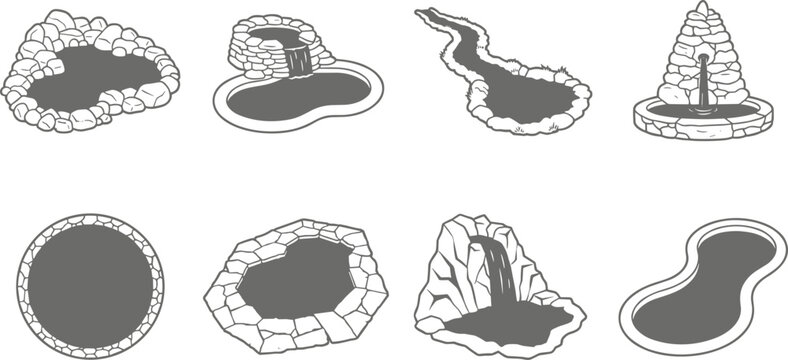 Garden Pond and Water Feature Icon Set with Waterfalls Fountains and Stone Ponds