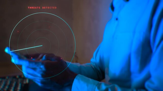 Hacker operating smartphone interface activating cybersecurity technology network scanning radar analyzing digital threat protection securing mobile data infrastructure system optimization.