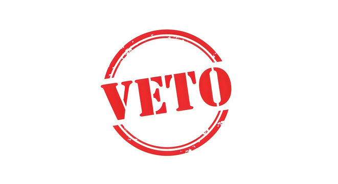 A bold red circle with a diagonal slash over the word veto in white capital letters, symbolizing prohibition or rejection with strong visual impact