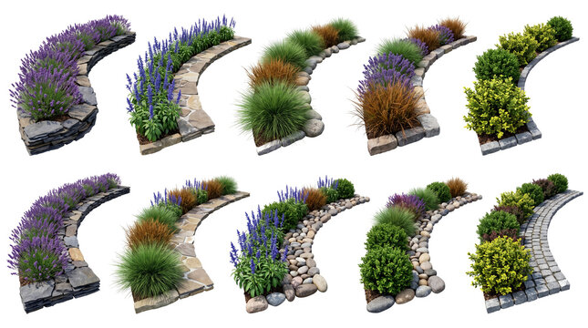Collection of Curved Garden Path Segments with Plants and Stones