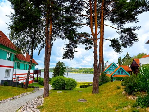 Wooden cottages on the shore of Lake Lipno in Lipno nad Vltavou, Czech Republic, surrounded by pine forest.
