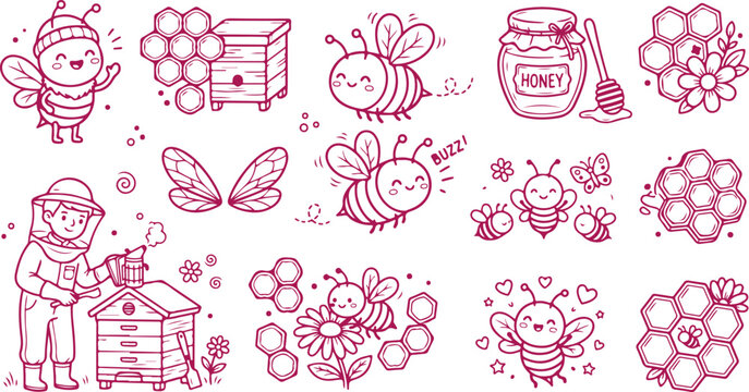 Cute bee and beekeeper themed illustrations with honeycomb elements in pink line art style happy bees jar of honey apiary hive.