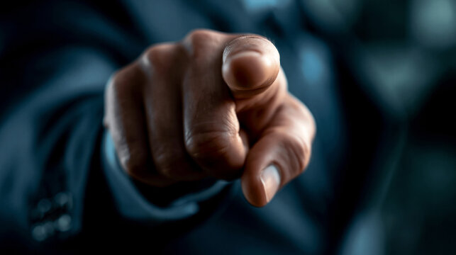 Close up of person pointing finger directly at camera lens with pointing