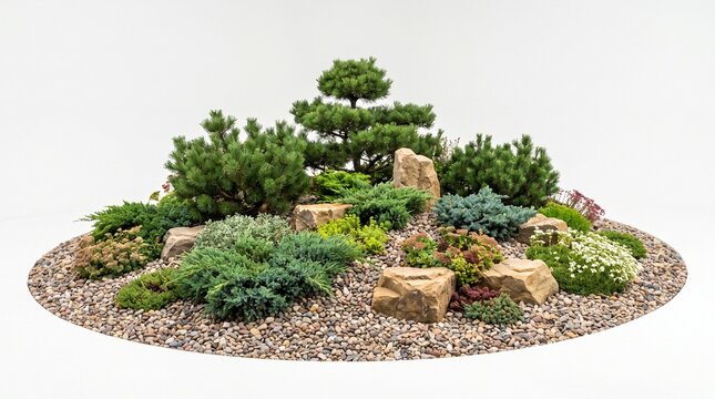 Ornamental Rock Garden with Dwarf Conifers and Pebbles
