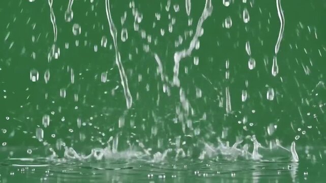 Realistic rain drops falling and splashing against a bright green screen chroma key background for video overlay effects