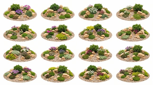 Set of sixteen rock garden landscape arrangements isolated on white