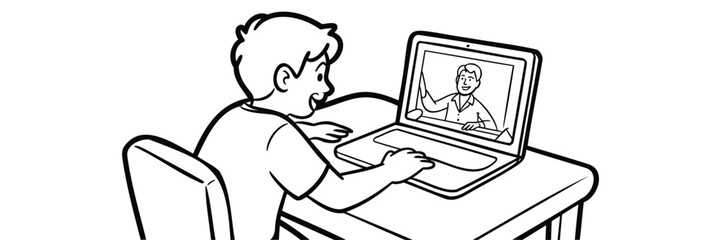 Boy Student Attending Online Video Call Class Line Art