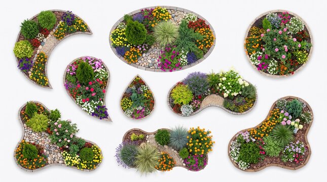 Collection of Top View Landscaped Flower Beds on White Background