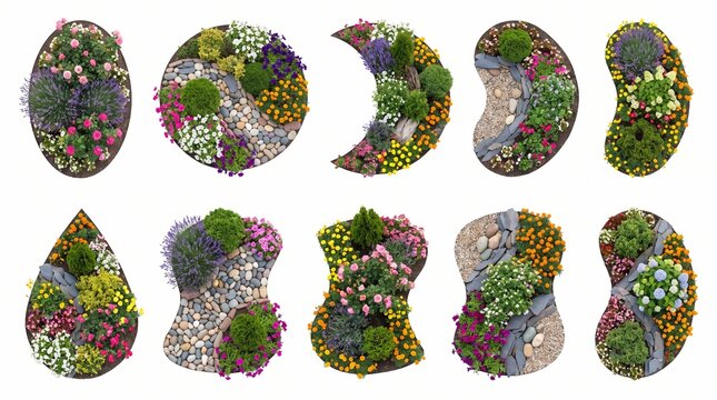 Collection of top view flower bed designs isolated on white