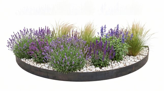Modern Circular Garden Bed with Lavender and Salvia Flowers
