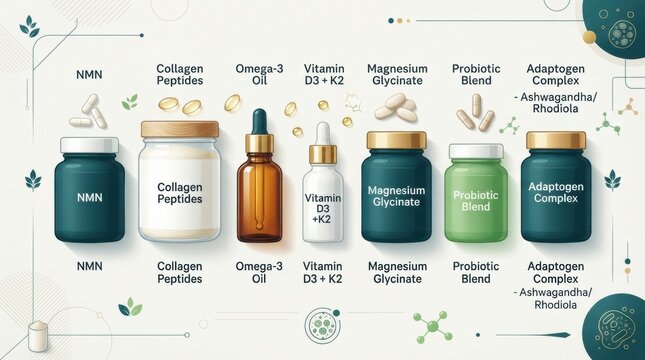 Various containers hold supplements for healthy aging and wellness, focusing on enhancing longevity, healthspan, and biohacking practices.