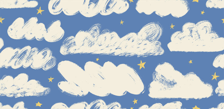 Dreamy Cloud and Star Seamless Pattern. Cute Nursery Wallpaper with Soft Clouds, Stars and Whimsical Sky Elements. Baby Shower, Kids Room Decor, Fabric, Textile, Wrapping Paper, Bedding, Background.