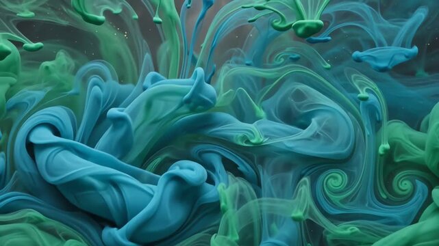 Seamless loop of vibrant emerald green and deep cyan liquid inks swirling slowly and blending in an amorphous abstract background motion graphics