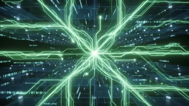 Seamless loop of fast moving green cybernetic data streams pulsing and weaving through an abstract digital grid in a high tech communication network