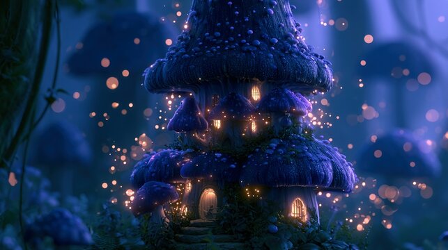 Mushroom-shaped castle for dark elf king, bioluminescent spores floating in air, vibrant purple green glow positioned in enchanted garden clearing