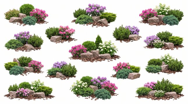 Decorative garden flower beds and landscaping arrangements isolated set