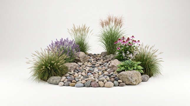 Modern Rock Garden Arrangement with Flowers and Grasses