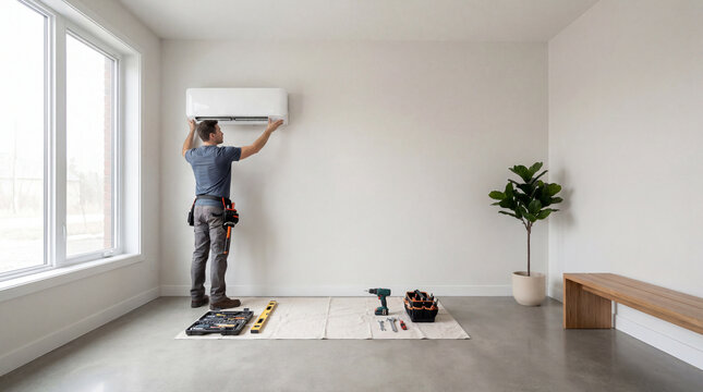 Technician installing wall mounted air conditioner in bright modern room with tools nearby representing home improvement climate control service skilled trade maintenance with practical