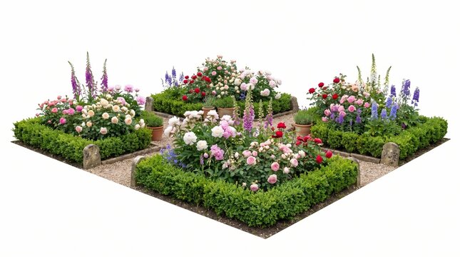 Ornamental flower garden beds with roses isolated on white
