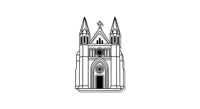 Minimalist church building with twin spires and cross