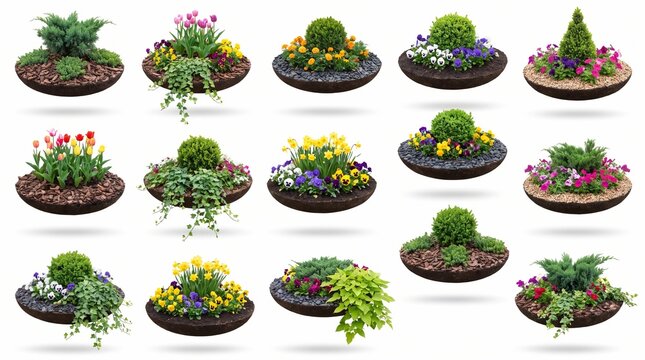 Set of Diverse Garden Planter Arrangements Isolated on White