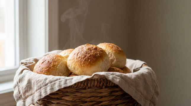 Basket of steaming golden bread rolls beside window creating fresh bakery concept for homemade comfort food breakfast hospitality artisan baking cozy kitchen menu design marketing campaign