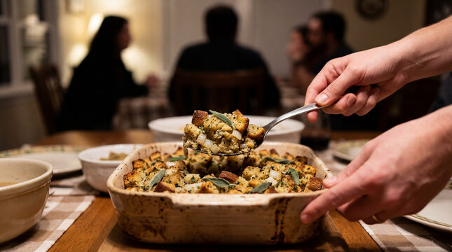 Hands serving baked stuffing from casserole during family dinner, showing holiday meal, homemade comfort food, shared celebration, hospitality, seasonal gathering, warm tradition, Commercial