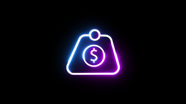 Neon dollar sign inside triangular price tag glowing with vibrant blue and purple colors.