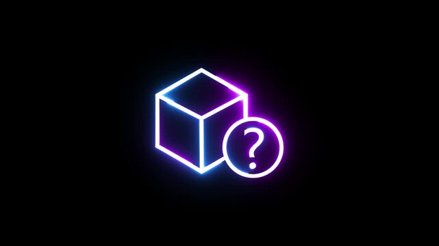Neon glowing box with question mark icon animation isolated on black background video clip.