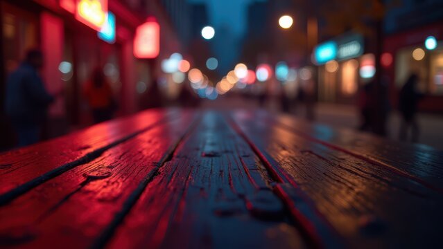 moody neon reflections on rustic wood table surface bokeh city lights night advertising background