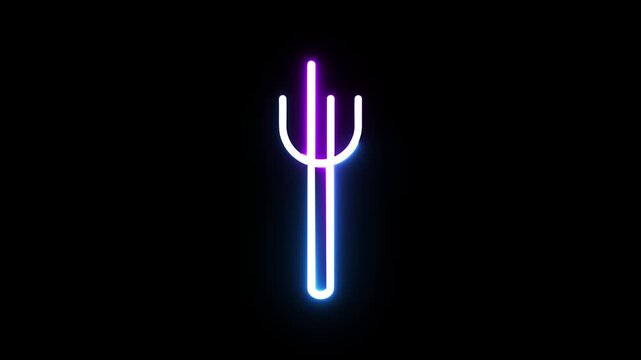 Neon fork icon glowing in blue and purple light on dark background for food industry web.